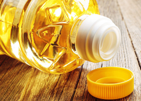 Vegetable oil in plastic bottle closeup