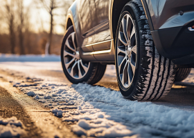 Snow-ready car tires on a chilly road.