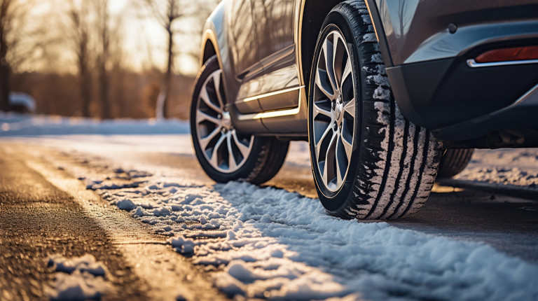 Snow-ready car tires on a chilly road.